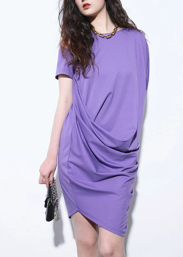 Unique Purple O-Neck Asymmetrical Wrinkled Mid Dresses Short Sleeve - Image 2