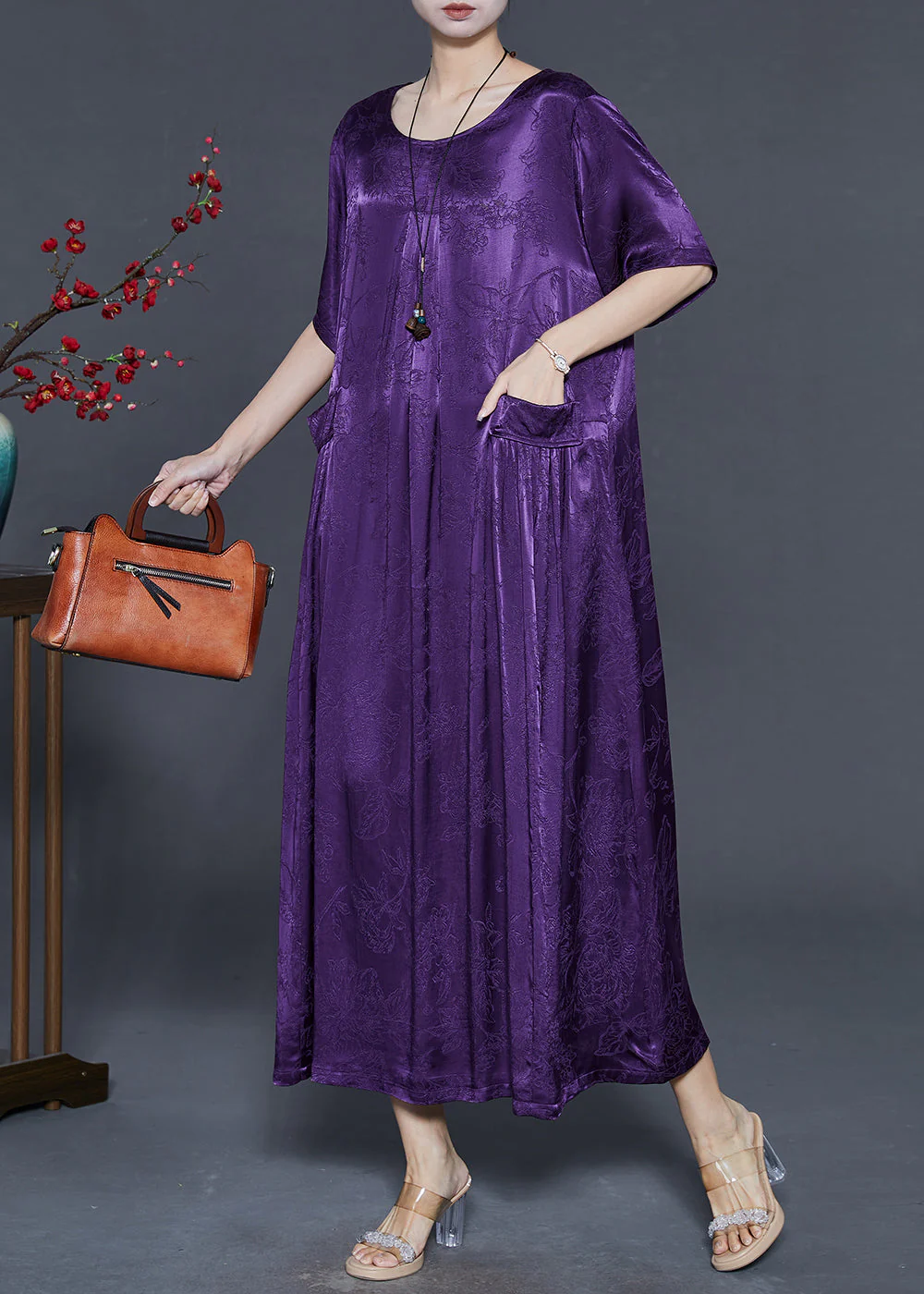 Unique Purple Oversized Jacquard Silk Holiday Dress Summer - Image 2