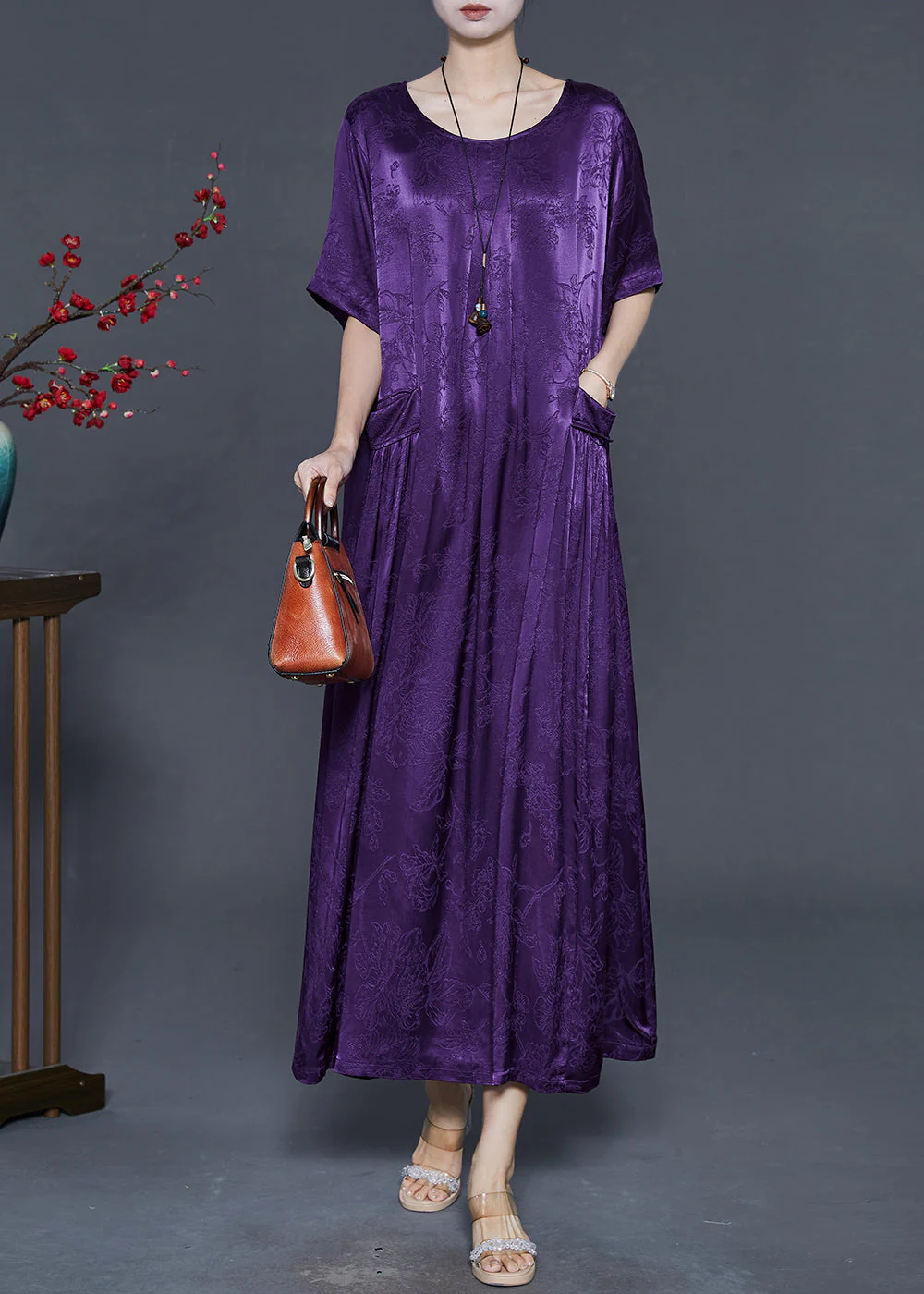 Unique Purple Oversized Jacquard Silk Holiday Dress Summer - Image 3