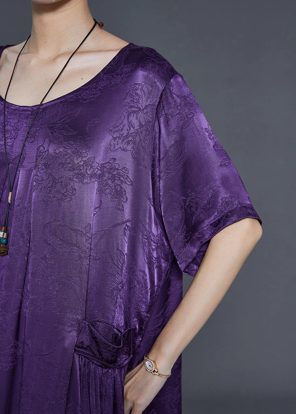 Unique Purple Oversized Jacquard Silk Holiday Dress Summer - Image 5