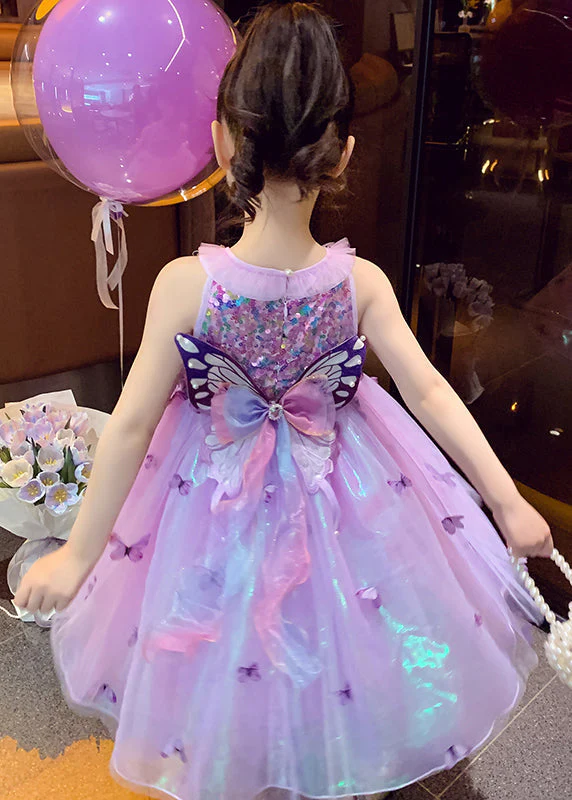 Unique Purple Sequins Butterfly Tulle Kids Girls Robe Dresses Summer - Image 2