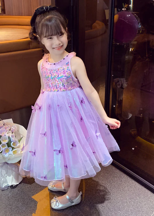 Unique Purple Sequins Butterfly Tulle Kids Girls Robe Dresses Summer - Image 3