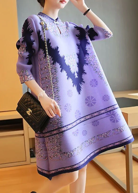 Unique Purple Stand Collar Print Party Dress Half Sleeve - Image 2