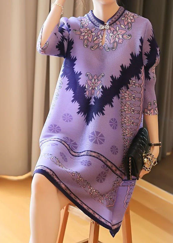 Unique Purple Stand Collar Print Party Dress Half Sleeve - Image 4