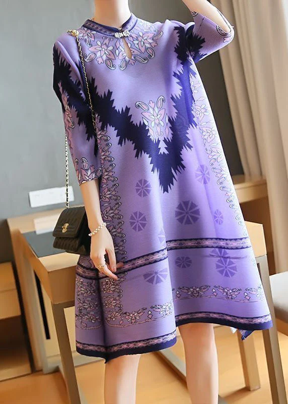 Unique Purple Stand Collar Print Party Dress Half Sleeve - Image 5