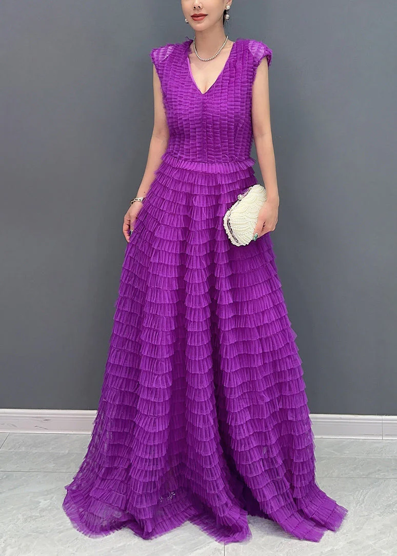 Unique Purple V Neck Long Dresses Short Sleeve - Image 2