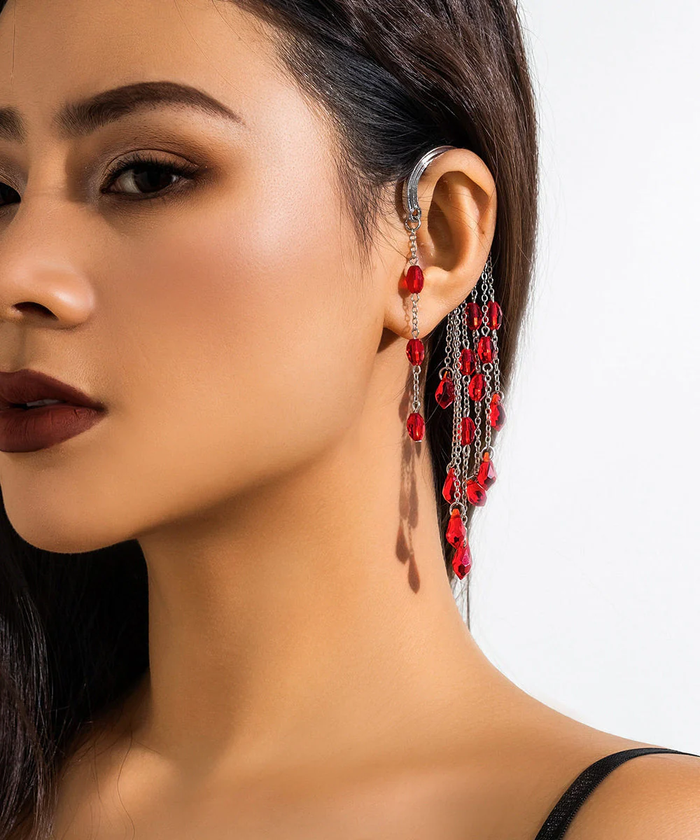 Unique Red Alloy Crystal Chain Tassel Single Drop Earrings - Image 2
