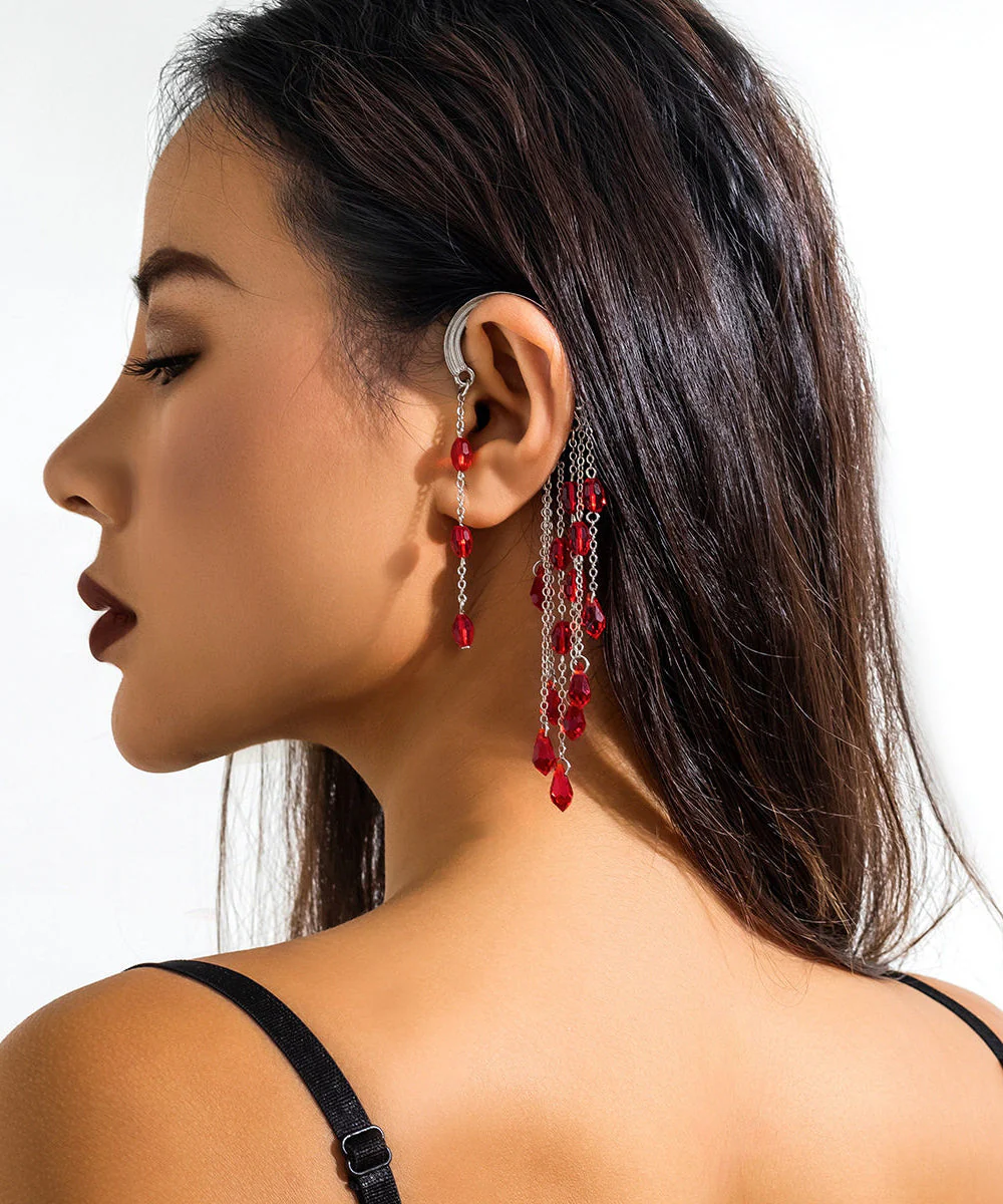 Unique Red Alloy Crystal Chain Tassel Single Drop Earrings - Image 3