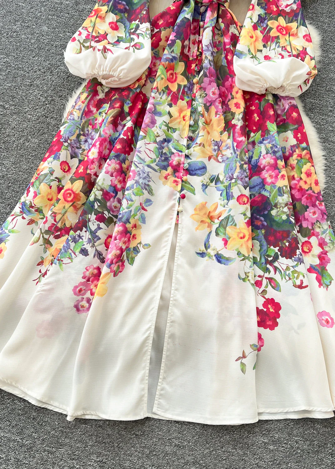 Unique Red Cinched Print Chiffon Vacation Dresses Lantern Sleeve - Image 5