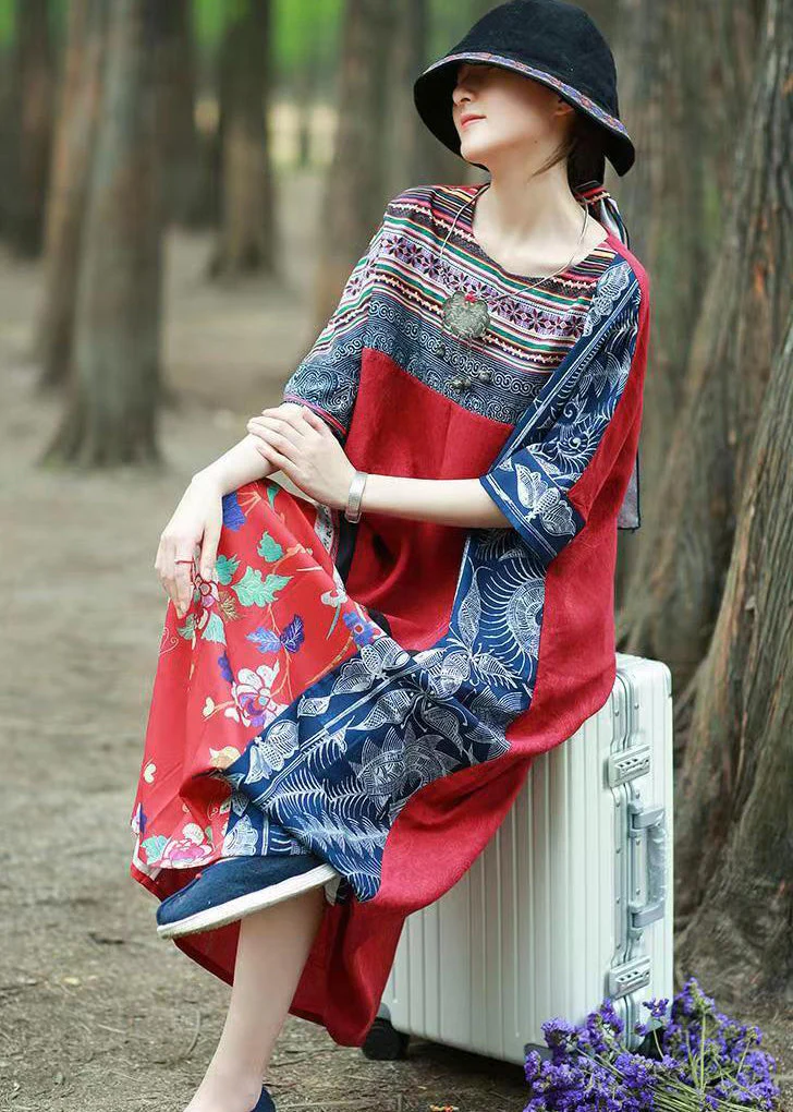 Unique Red Ethnic Style Patchwork Print Cotton Long Dress Short Sleeve - Image 4