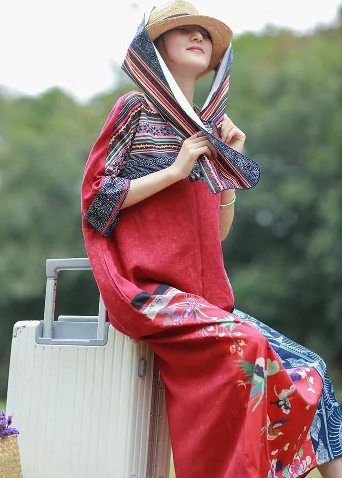 Unique Red Ethnic Style Patchwork Print Cotton Long Dress Short Sleeve - Image 5