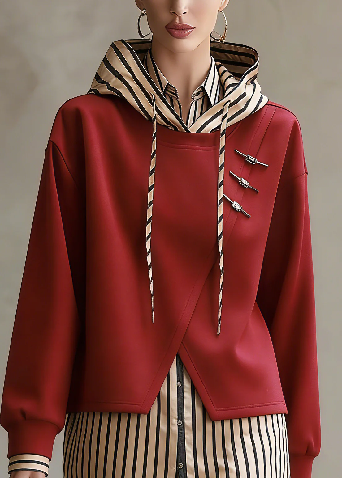 Unique Red Hooded Patchwork False Two Pieces Cotton Top Fall - Image 2