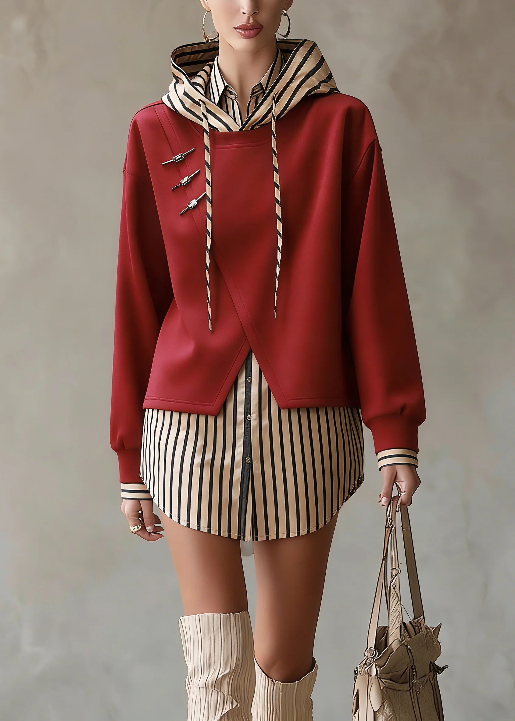 Unique Red Hooded Patchwork False Two Pieces Cotton Top Fall - Image 3