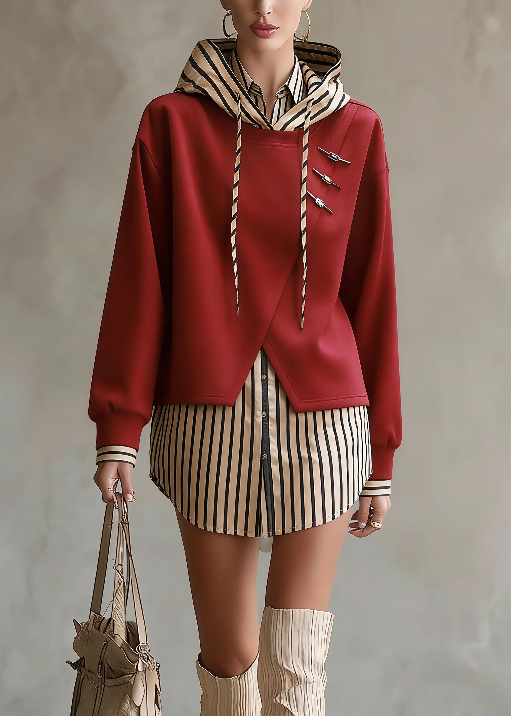 Unique Red Hooded Patchwork False Two Pieces Cotton Top Fall - Image 5