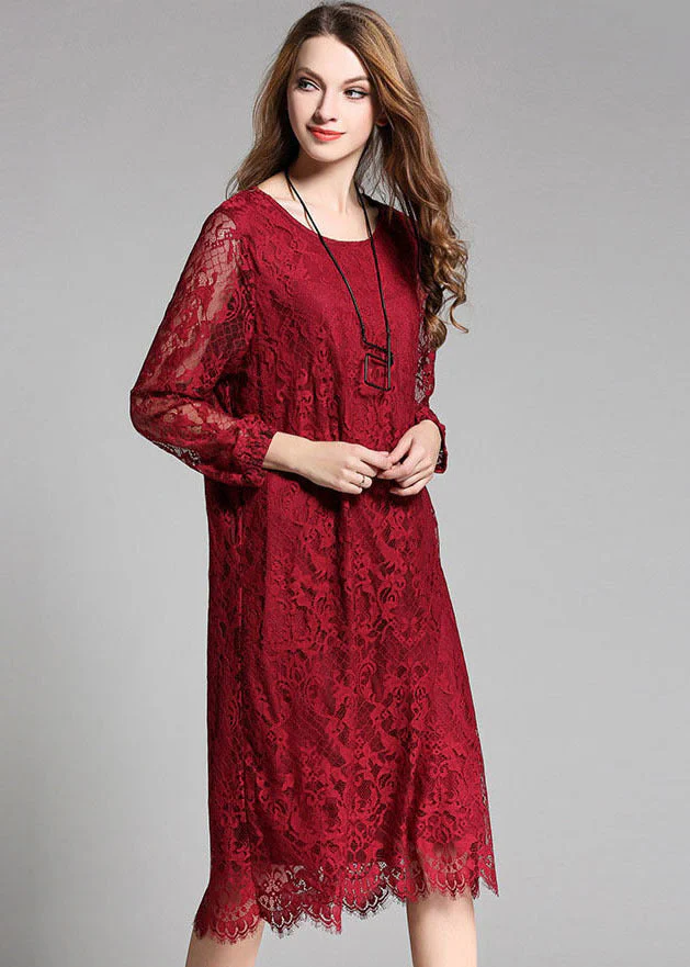 Unique Red O-Neck Hollow Out Lace Long Dress Long Sleeve - Image 2
