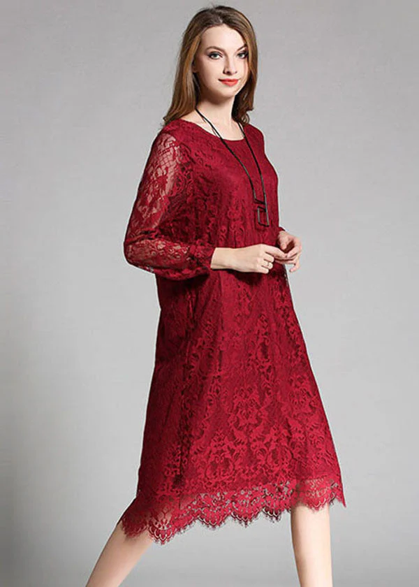 Unique Red O-Neck Hollow Out Lace Long Dress Long Sleeve - Image 3