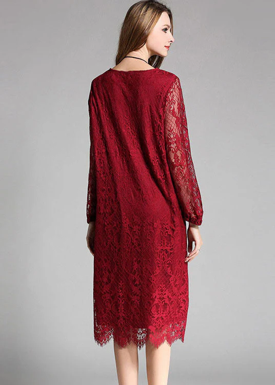Unique Red O-Neck Hollow Out Lace Long Dress Long Sleeve - Image 4