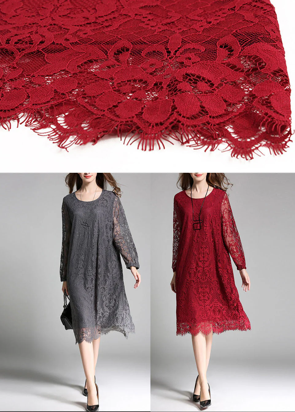 Unique Red O-Neck Hollow Out Lace Long Dress Long Sleeve - Image 5