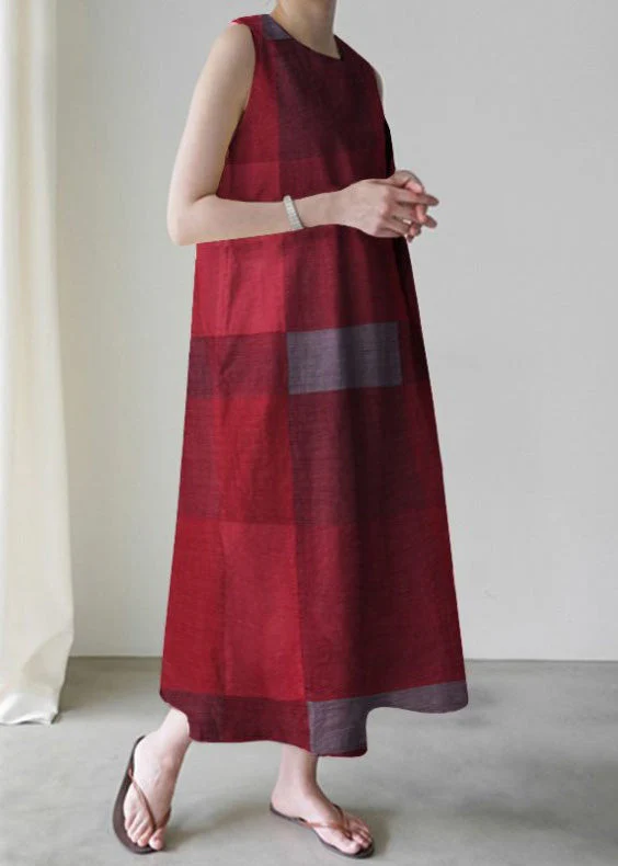 Unique Red O-Neck Plaid Maxi Dress Sleeveless - Image 3