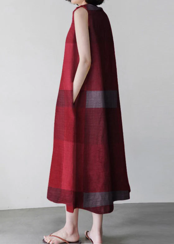 Unique Red O-Neck Plaid Maxi Dress Sleeveless - Image 5