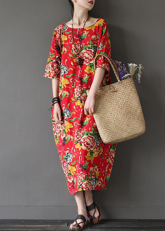 Unique Red O-Neck Print Holiday Cozy Maxi Dress Summer - Image 2
