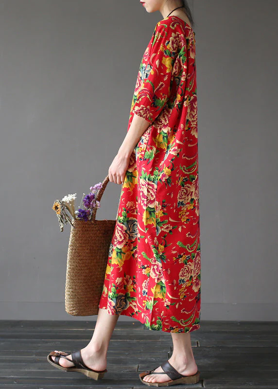 Unique Red O-Neck Print Holiday Cozy Maxi Dress Summer - Image 3
