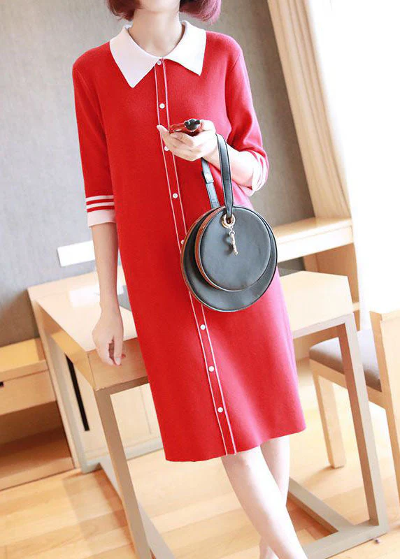 Unique Red Peter Pan Collar Button Knit Dresses Half Sleeve - Image 2