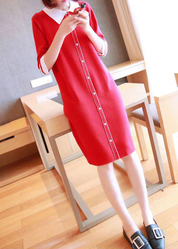 Unique Red Peter Pan Collar Button Knit Dresses Half Sleeve - Image 4