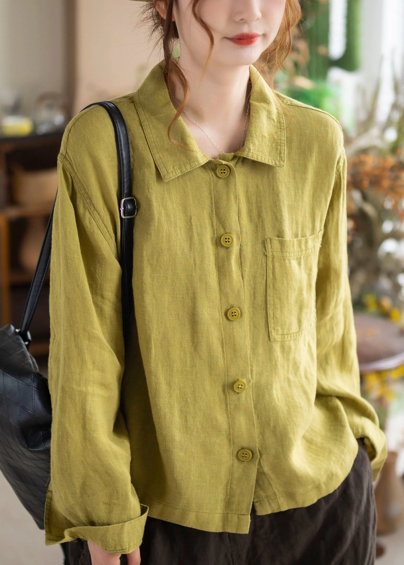 Unique Red Peter Pan Collar Button Linen Shirts Long Sleeve - Image 2