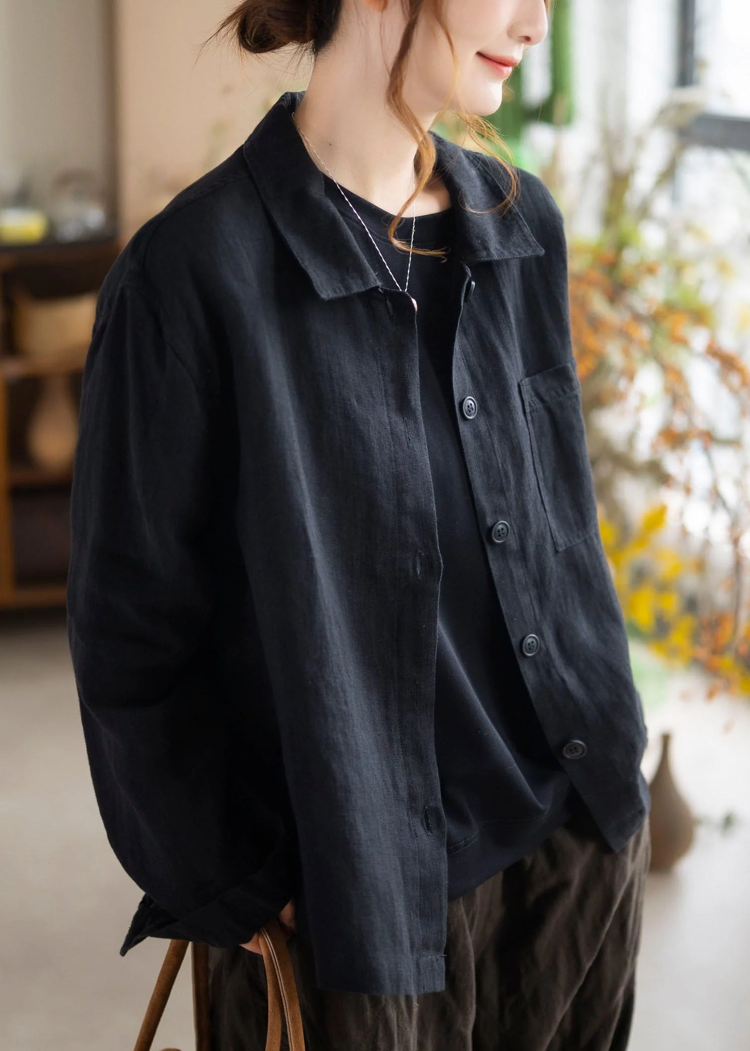 Unique Red Peter Pan Collar Button Linen Shirts Long Sleeve - Image 3