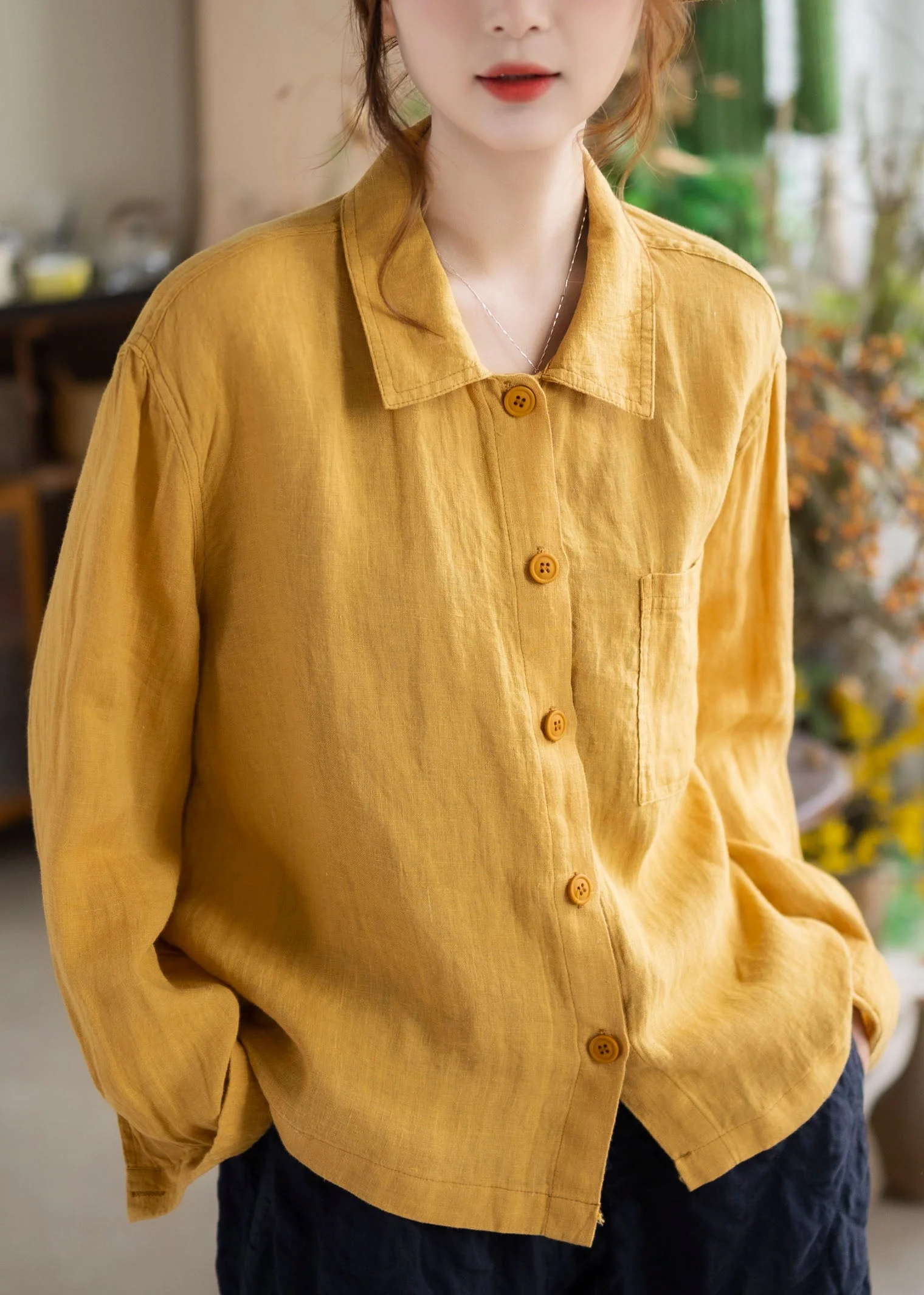 Unique Red Peter Pan Collar Button Linen Shirts Long Sleeve - Image 4