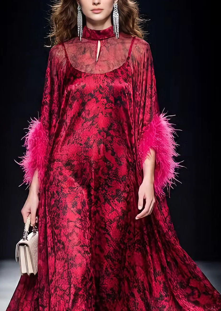 Unique Red Print Ruffled Fur Patchwork Chiffon Maxi Dress Spring - Image 2