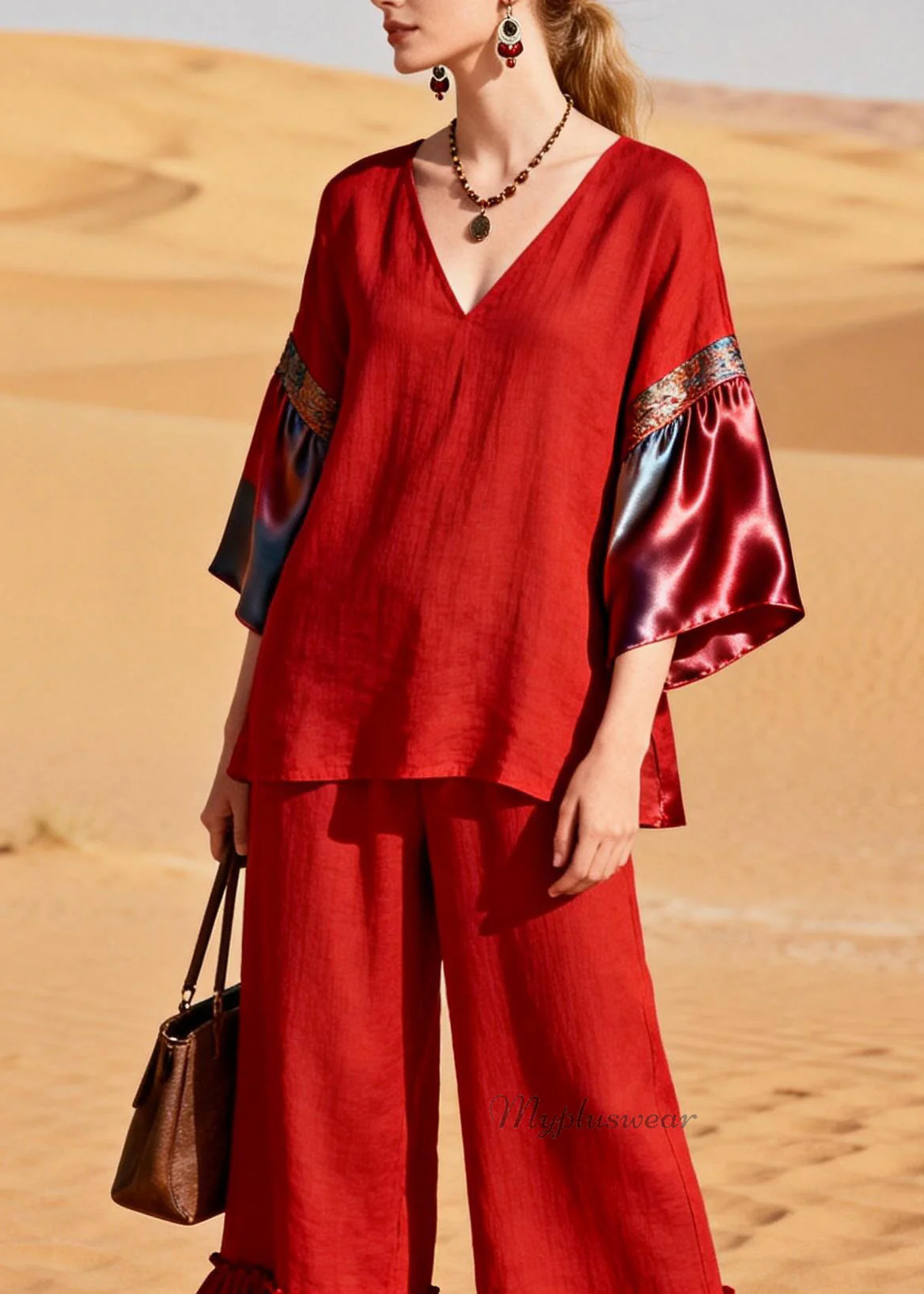 Unique Red Ruffled Patchwork Linen Silk Two Piece Set Outfits Summer - Image 2