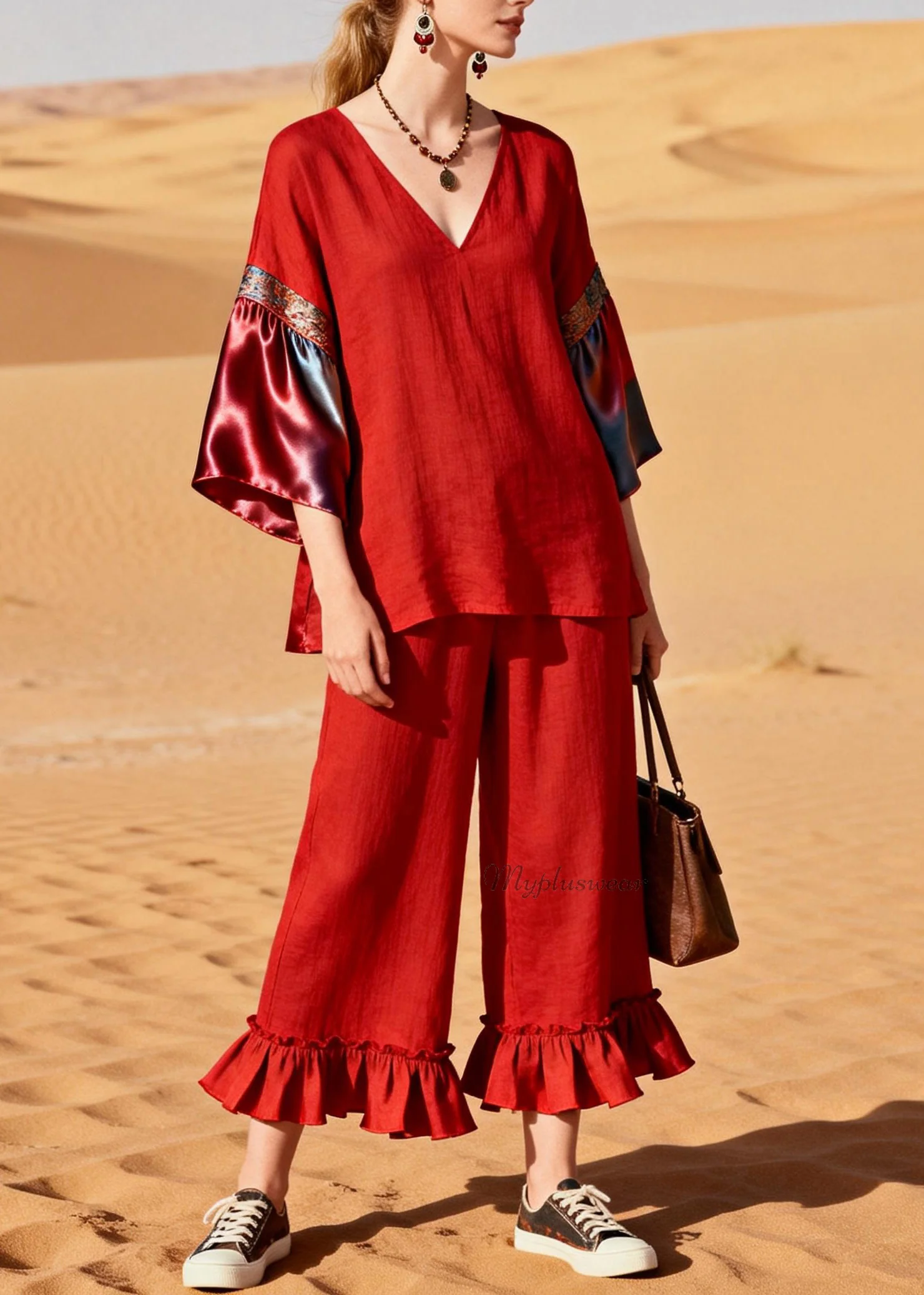 Unique Red Ruffled Patchwork Linen Silk Two Piece Set Outfits Summer - Image 3