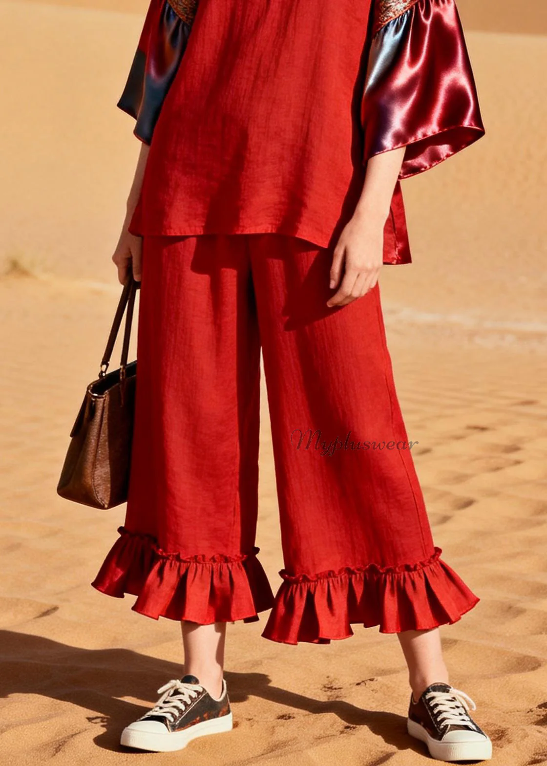 Unique Red Ruffled Patchwork Linen Silk Two Piece Set Outfits Summer - Image 4