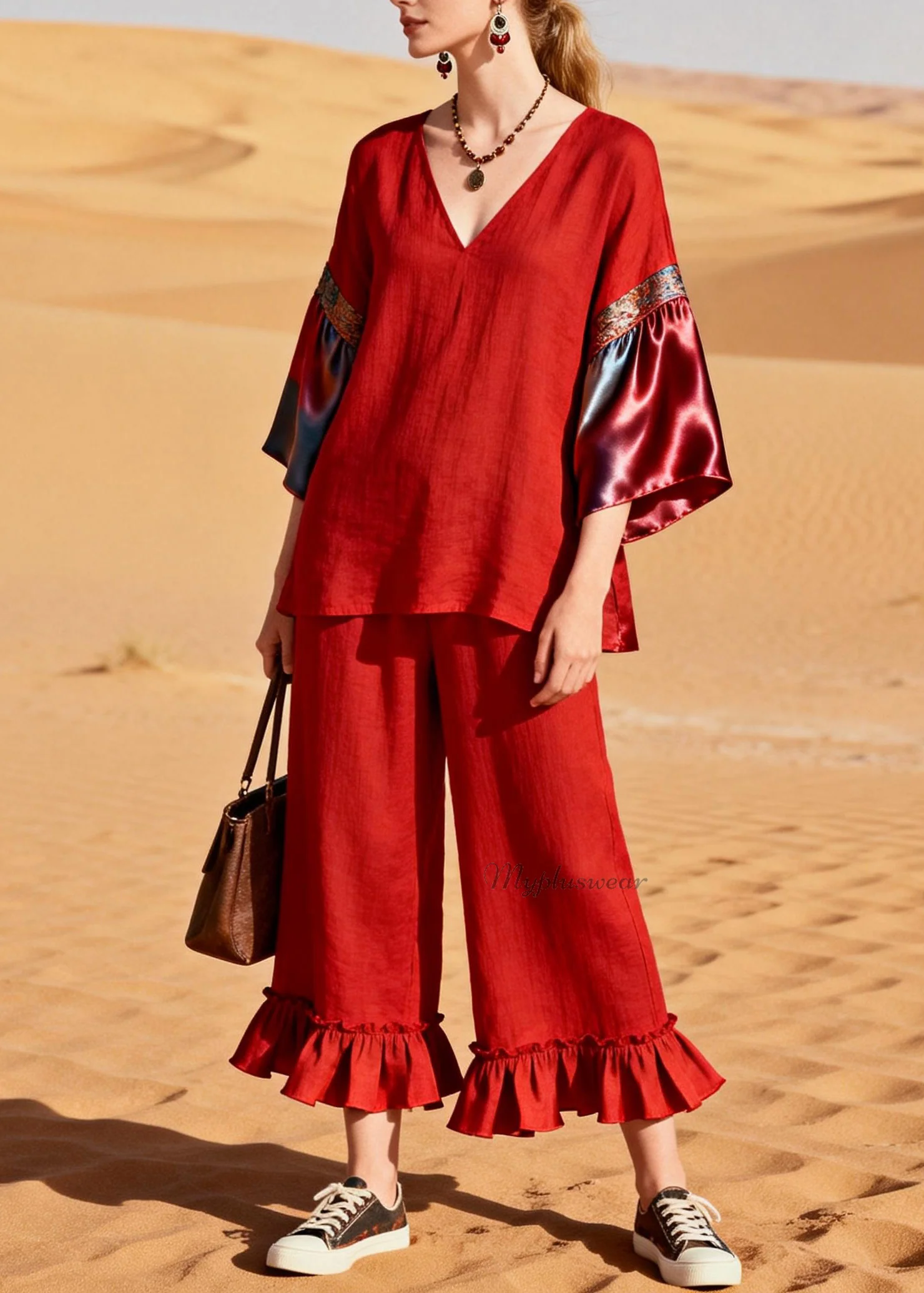 Unique Red Ruffled Patchwork Linen Silk Two Piece Set Outfits Summer - Image 5
