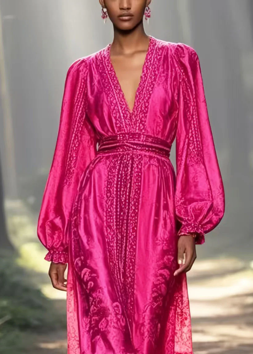 Unique Rose Cinched Jacquard Silk Long Dresses Spring - Image 2