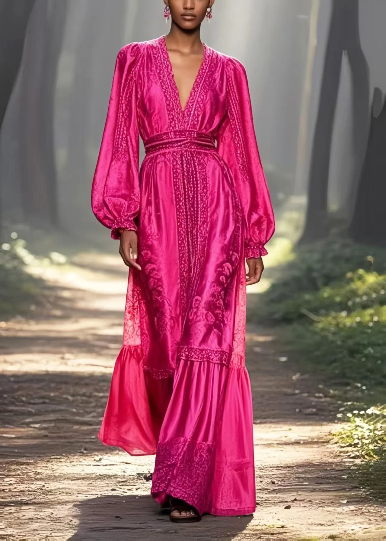 Unique Rose Cinched Jacquard Silk Long Dresses Spring - Image 3