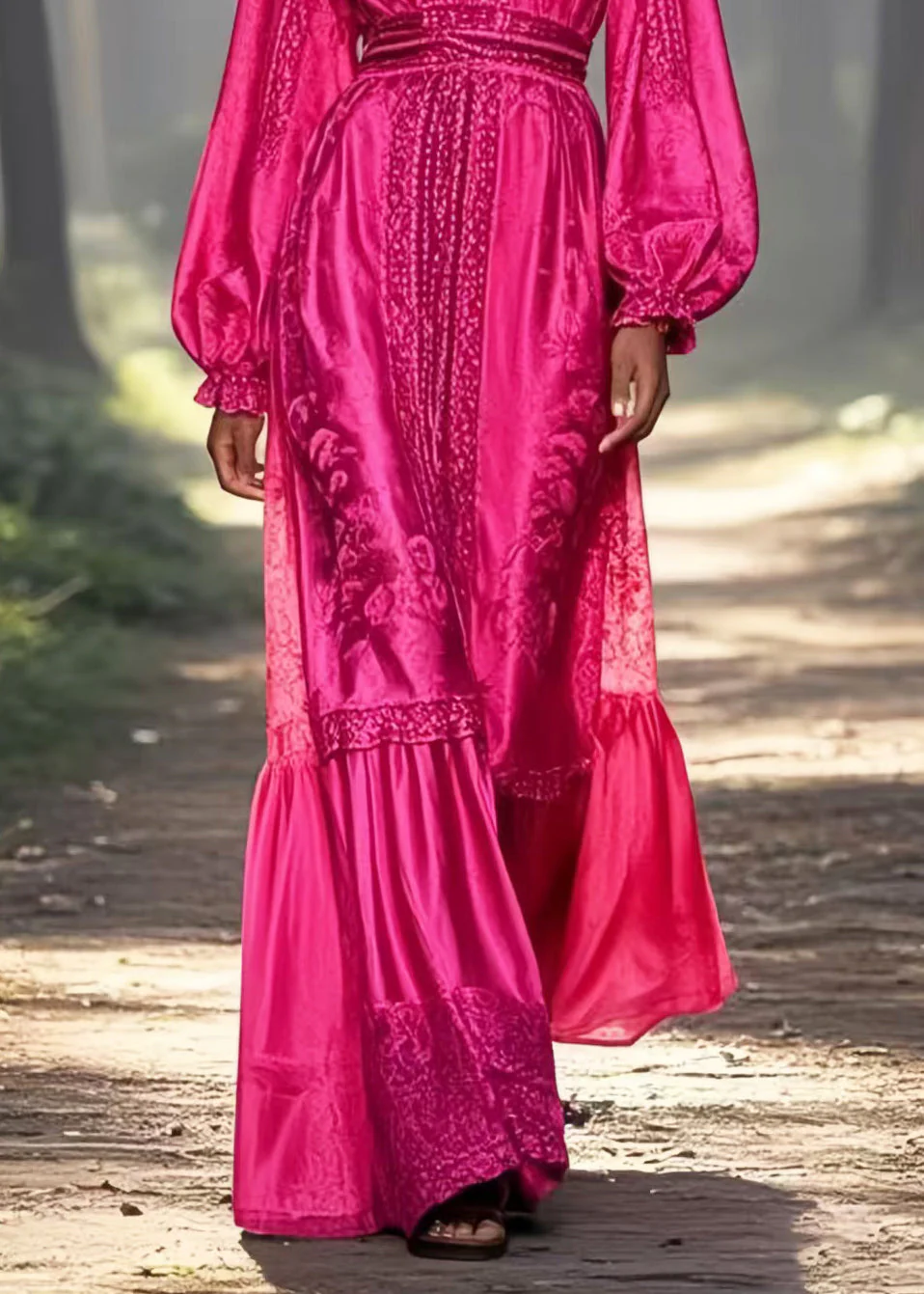 Unique Rose Cinched Jacquard Silk Long Dresses Spring - Image 4