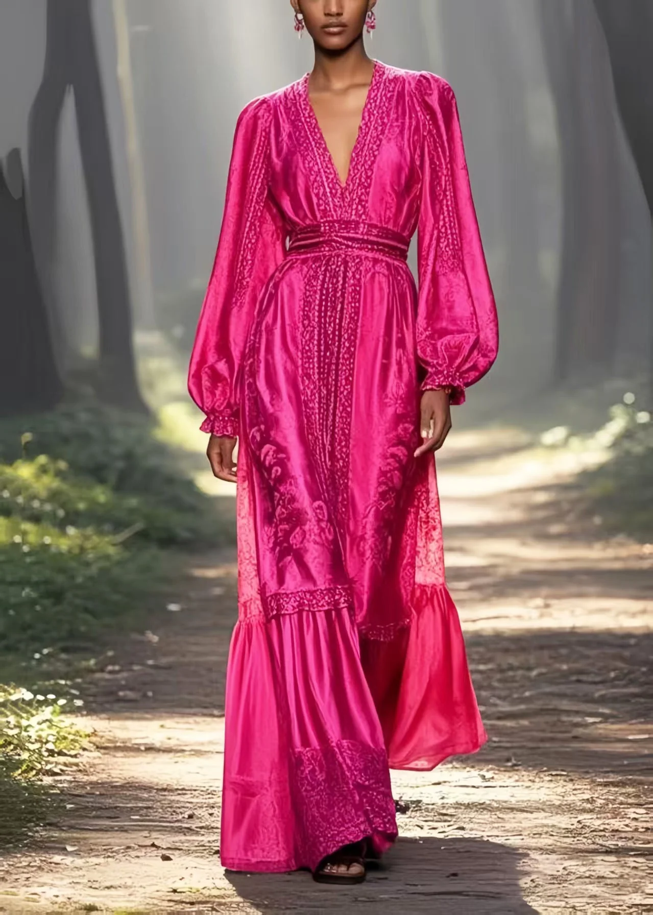 Unique Rose Cinched Jacquard Silk Long Dresses Spring - Image 5