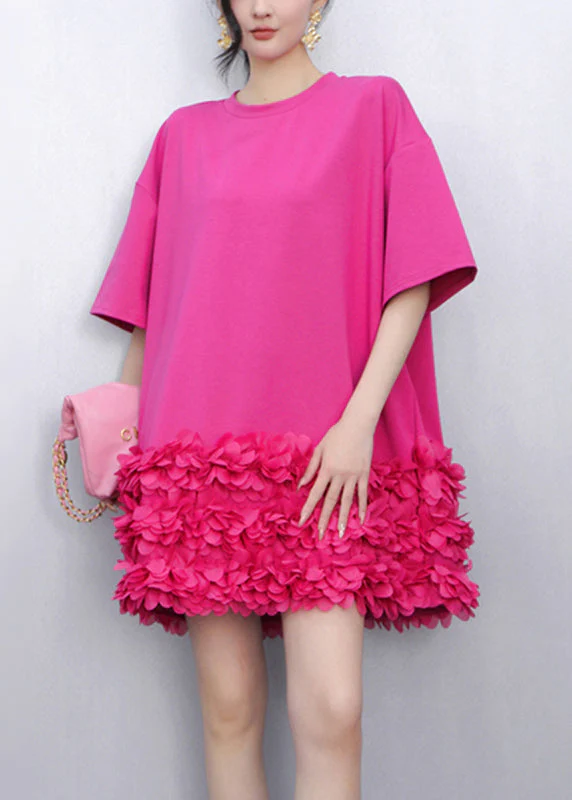 Unique Rose O-Neck Tulle Patchwork Mid Dress Short Sleeve