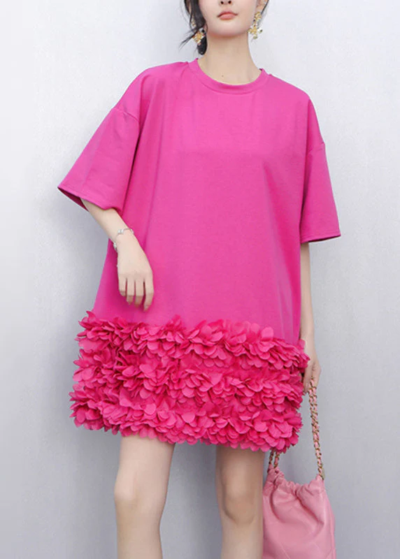 Unique Rose O-Neck Tulle Patchwork Mid Dress Short Sleeve - Image 3
