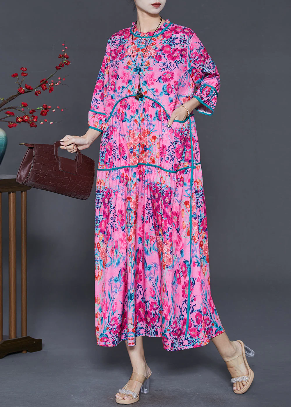Unique Rose Oversized Print Silk Maxi Dress Bracelet Sleeve - Image 2