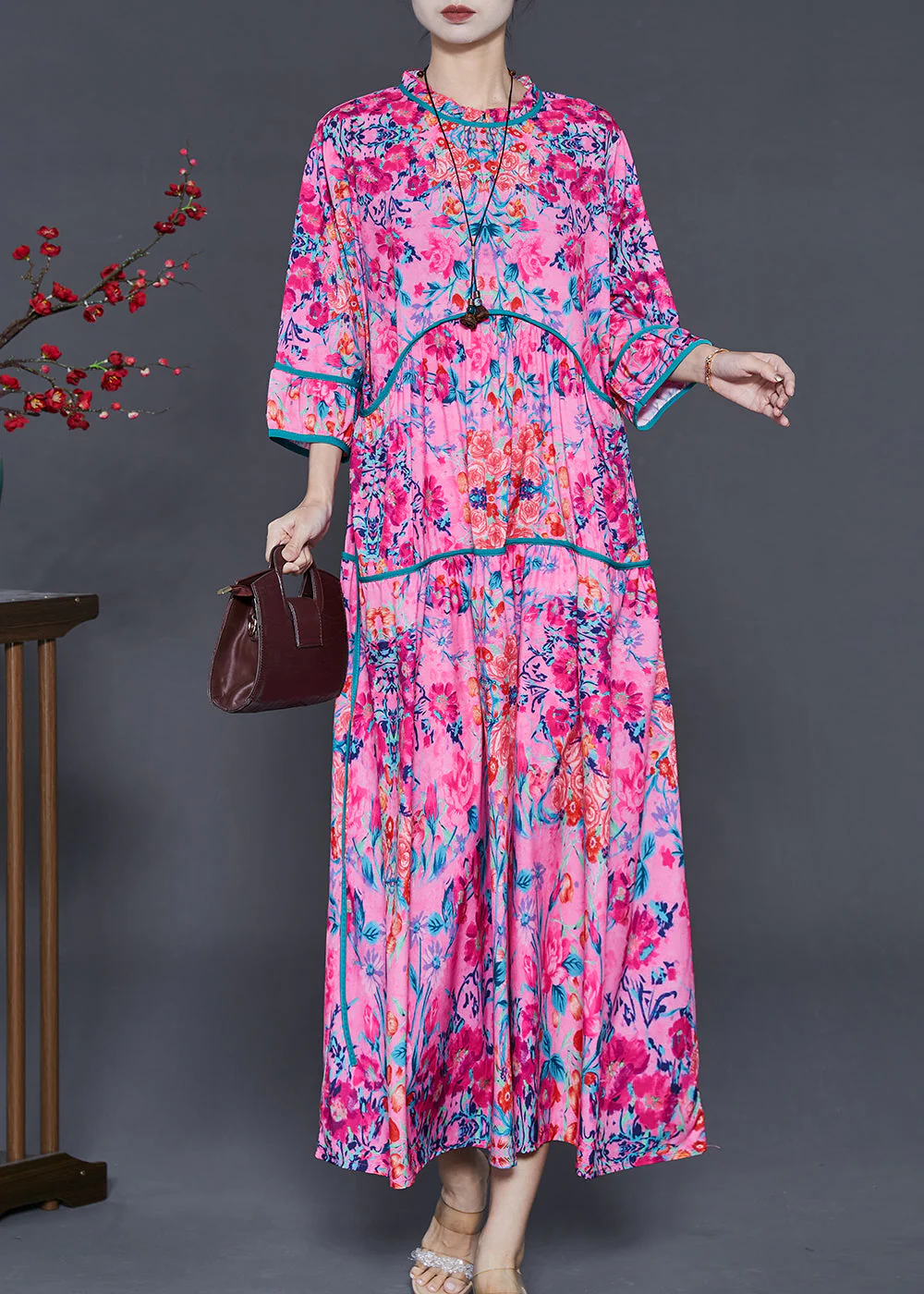 Unique Rose Oversized Print Silk Maxi Dress Bracelet Sleeve - Image 3