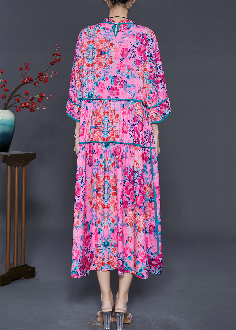 Unique Rose Oversized Print Silk Maxi Dress Bracelet Sleeve - Image 4