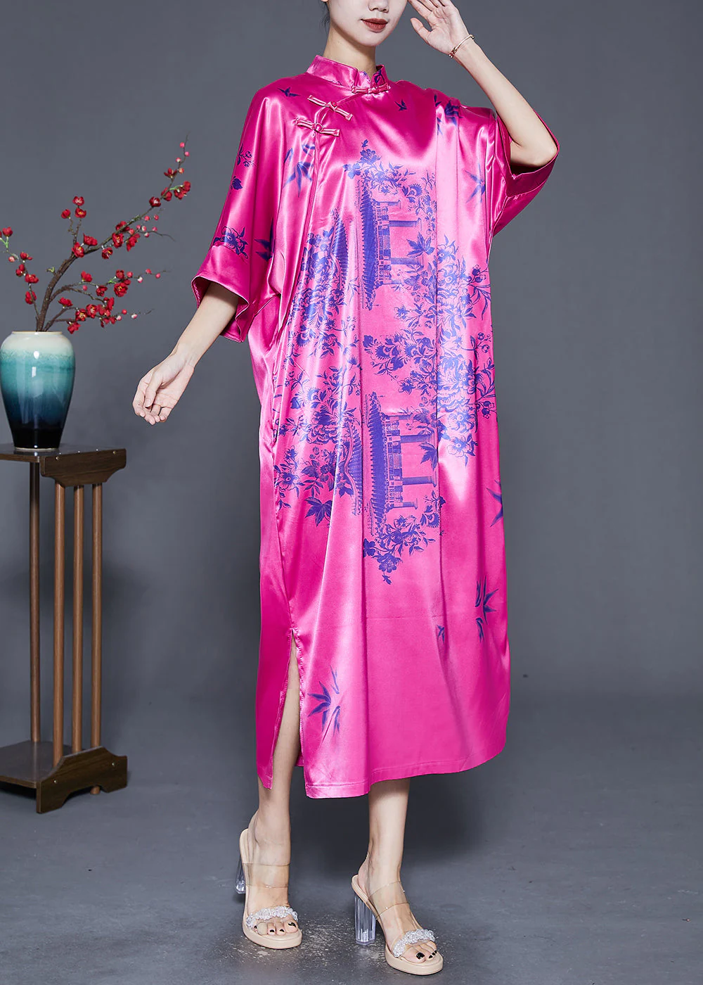 Unique Rose Print Silk Chinese Style Cheongsam Dress Summer - Image 2