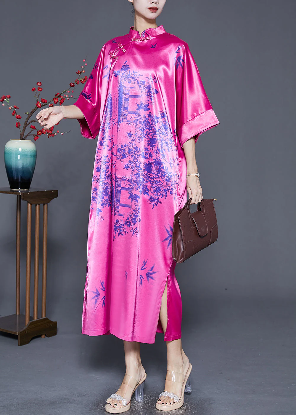 Unique Rose Print Silk Chinese Style Cheongsam Dress Summer - Image 3
