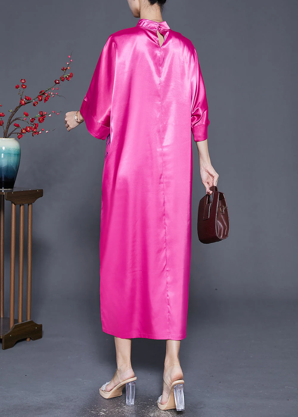 Unique Rose Print Silk Chinese Style Cheongsam Dress Summer - Image 4