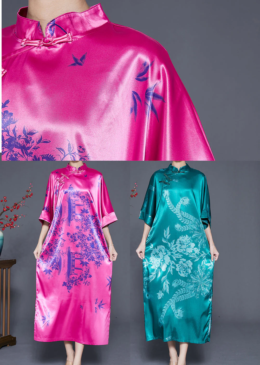 Unique Rose Print Silk Chinese Style Cheongsam Dress Summer - Image 5