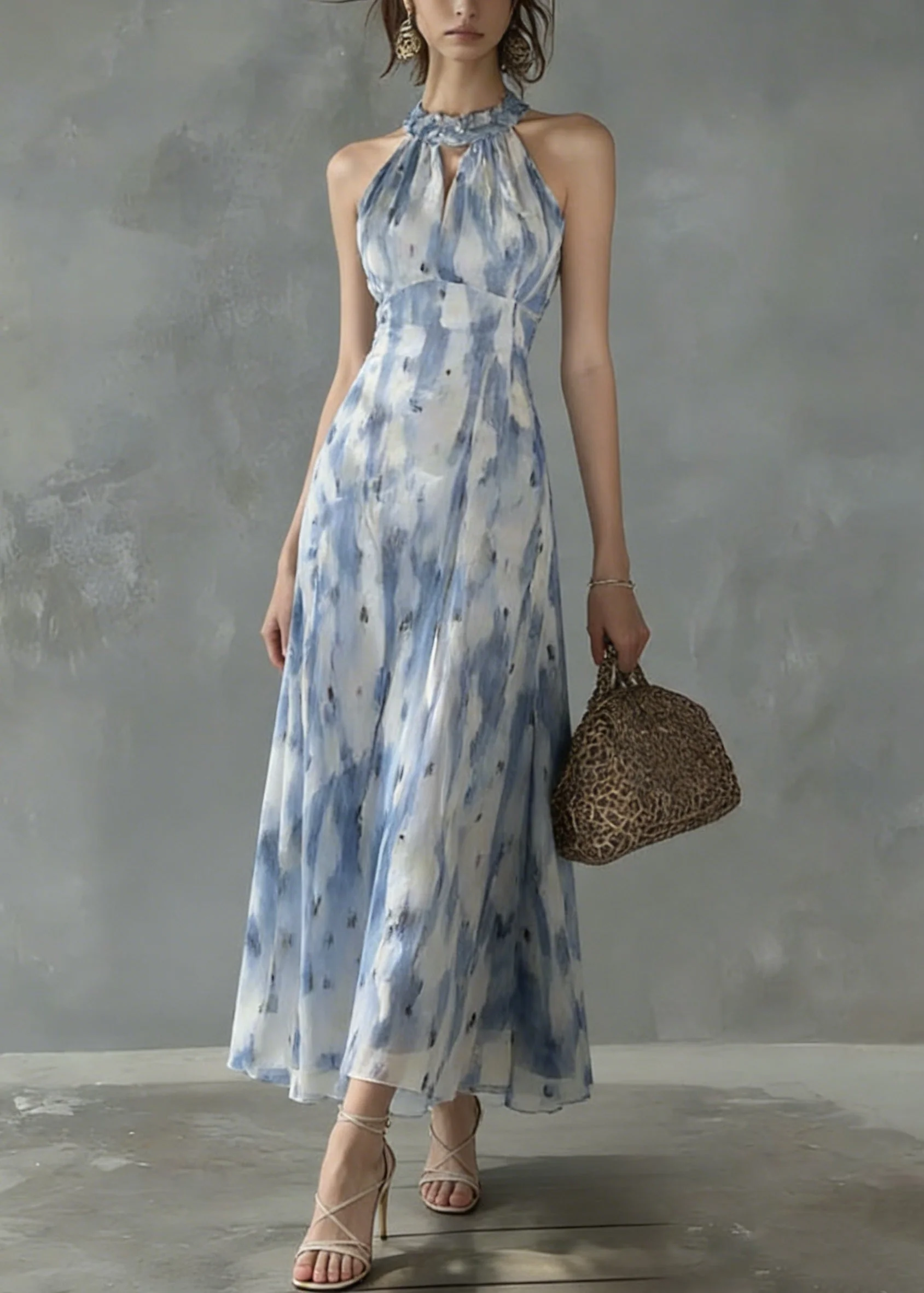 Unique Ruffled Print Slim Fit Chiffon Dress Sleeveless - Image 5